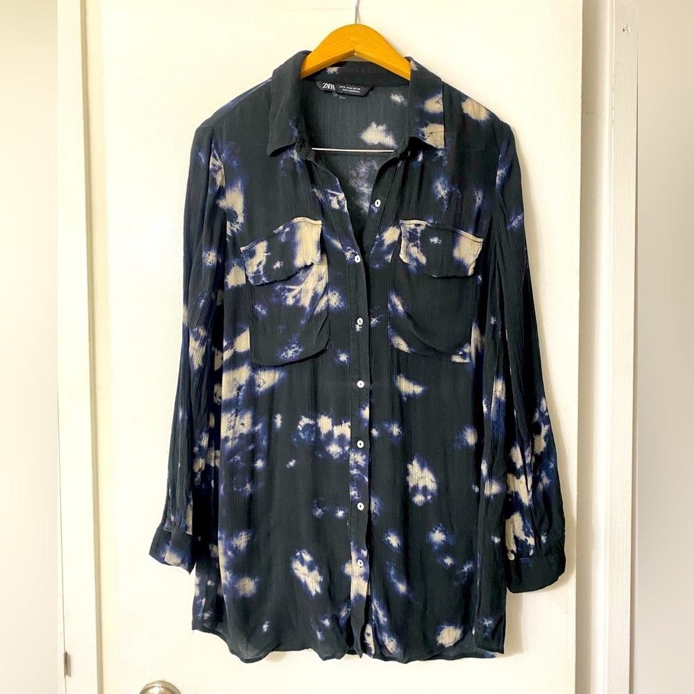 Zara Black Pink and Blue Tie-Dye Button Down Tunic Blouse Sz.M - Picture 2 of 7